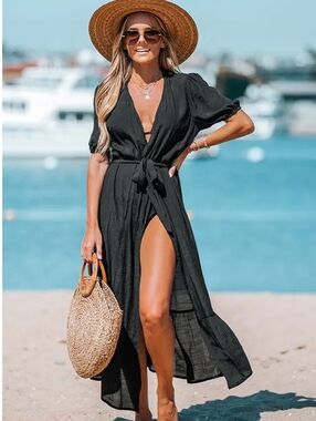 Cupshe Open Front Duster Swim Cover Up Kimono Wrap Black Dress Maxi L BNWT